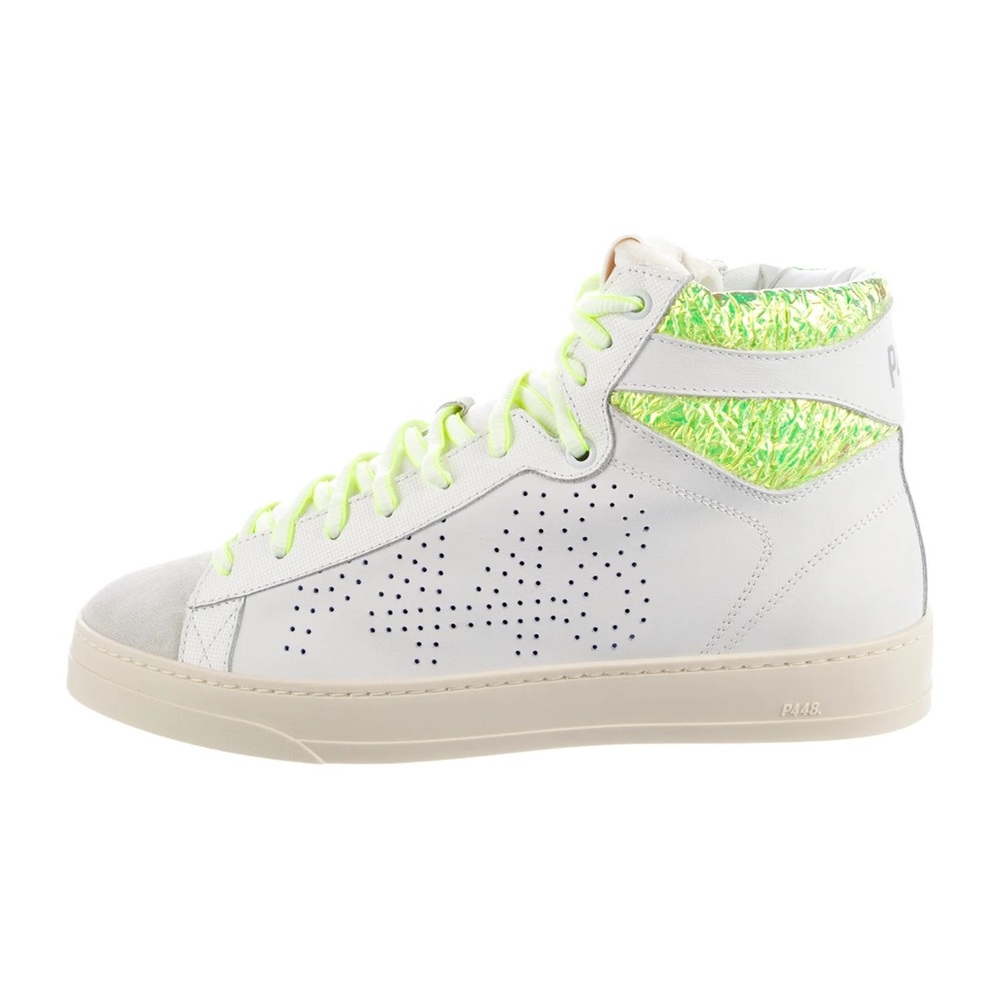 P448 White and Neon Green High-Top Sneakers